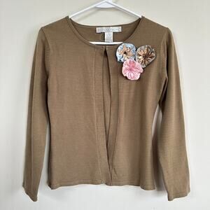 Bette Paige Vintage Y2K Cardigan Sweater Ribbon Roses Wrist Length Sleeves Tan S